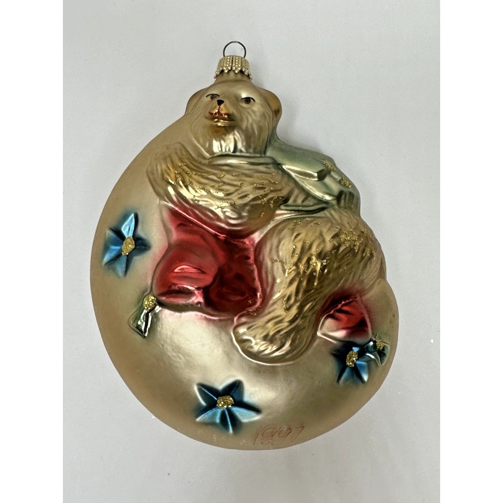 Krebs Glass Gold Bear on Moon hand Blown Christmas Ornament Germany 1997